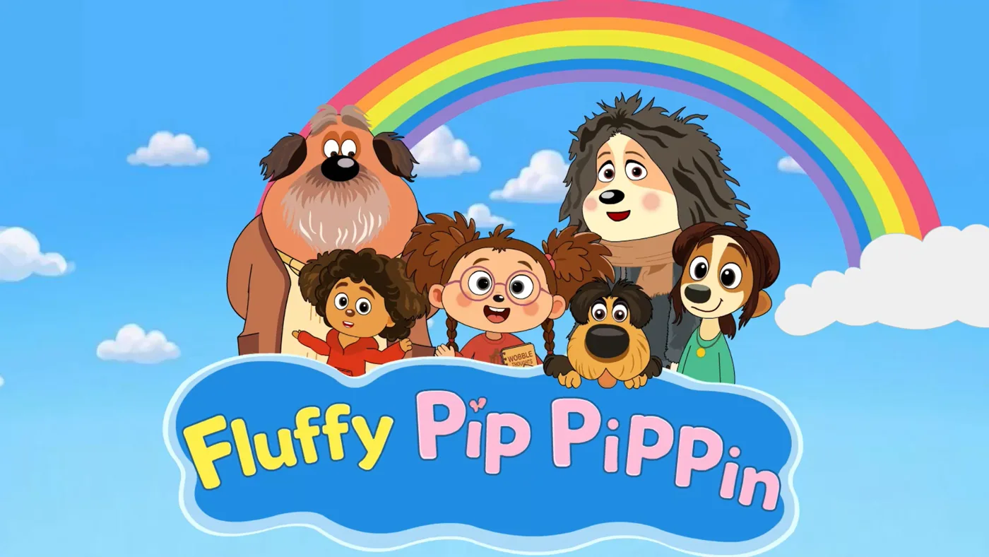 Two children and four cartoon dogs under a rainbow, the Fluffy Pip Pippin logo below them, the children’s animated series with original music by composer Santiago Bianchi