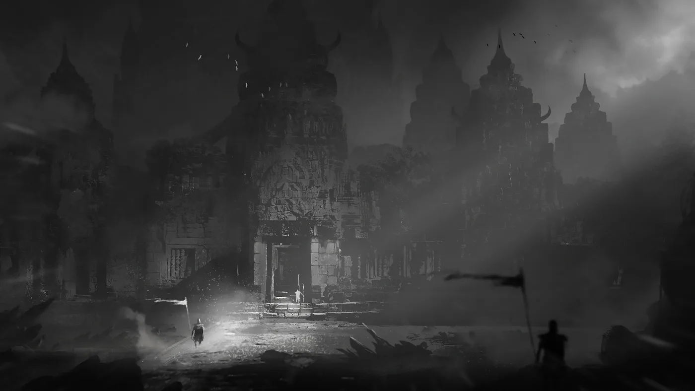 A dark stone temple in mist, from a horror series with ambient score and sound design by Santiago Bianchi