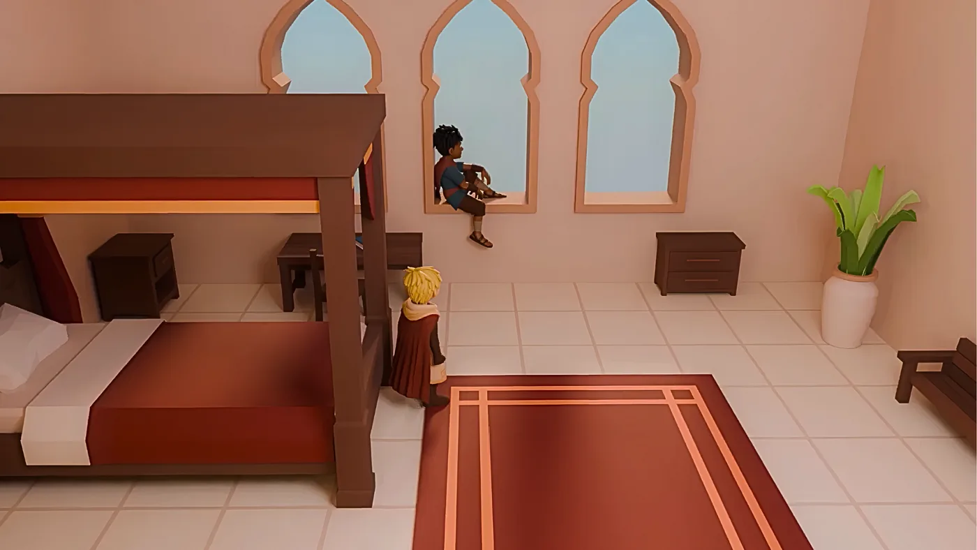 A child sitting at a window in a low-poly bedroom from the game Iron & Ivory, intro music by Santiago Bianchi