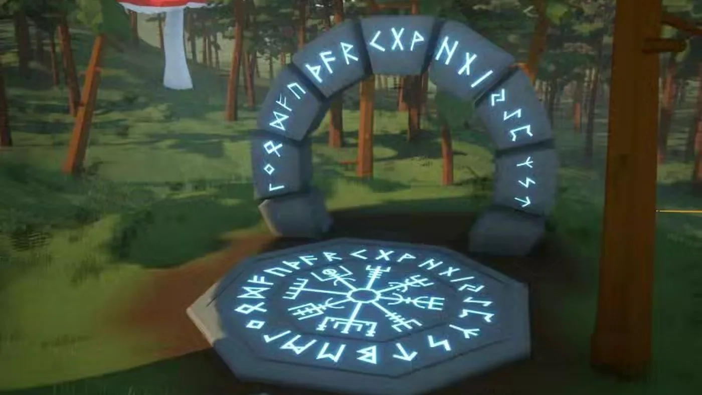 A stone circle of runes in a forest from the indie game Journey North, music by Santiago Bianchi