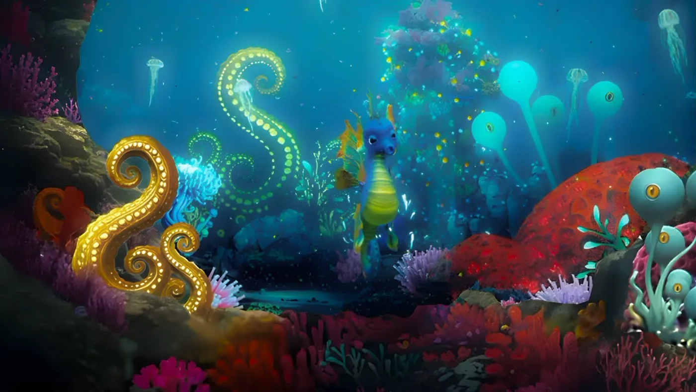 A glowing coral reef with seahorses from an aquarium museum animation, original score by Santiago Bianchi