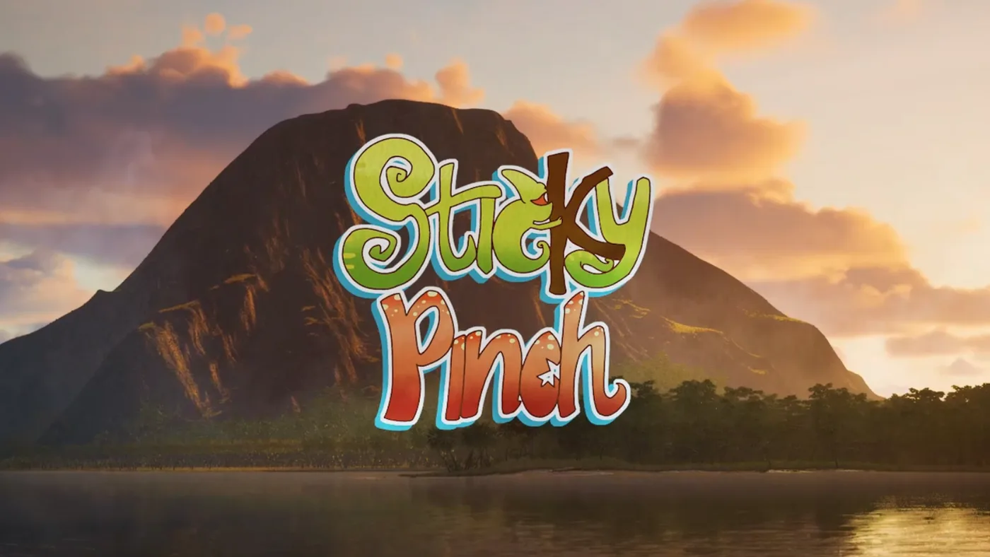The Sticky Pinch logo over a green island lagoon, animated series scored by Santiago Bianchi