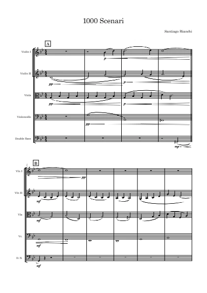 First page of the orchestral score of A Thousand Scenarios by Santiago Bianchi