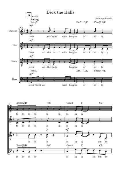 First page of the orchestral score of Deck the Halls by Santiago Bianchi