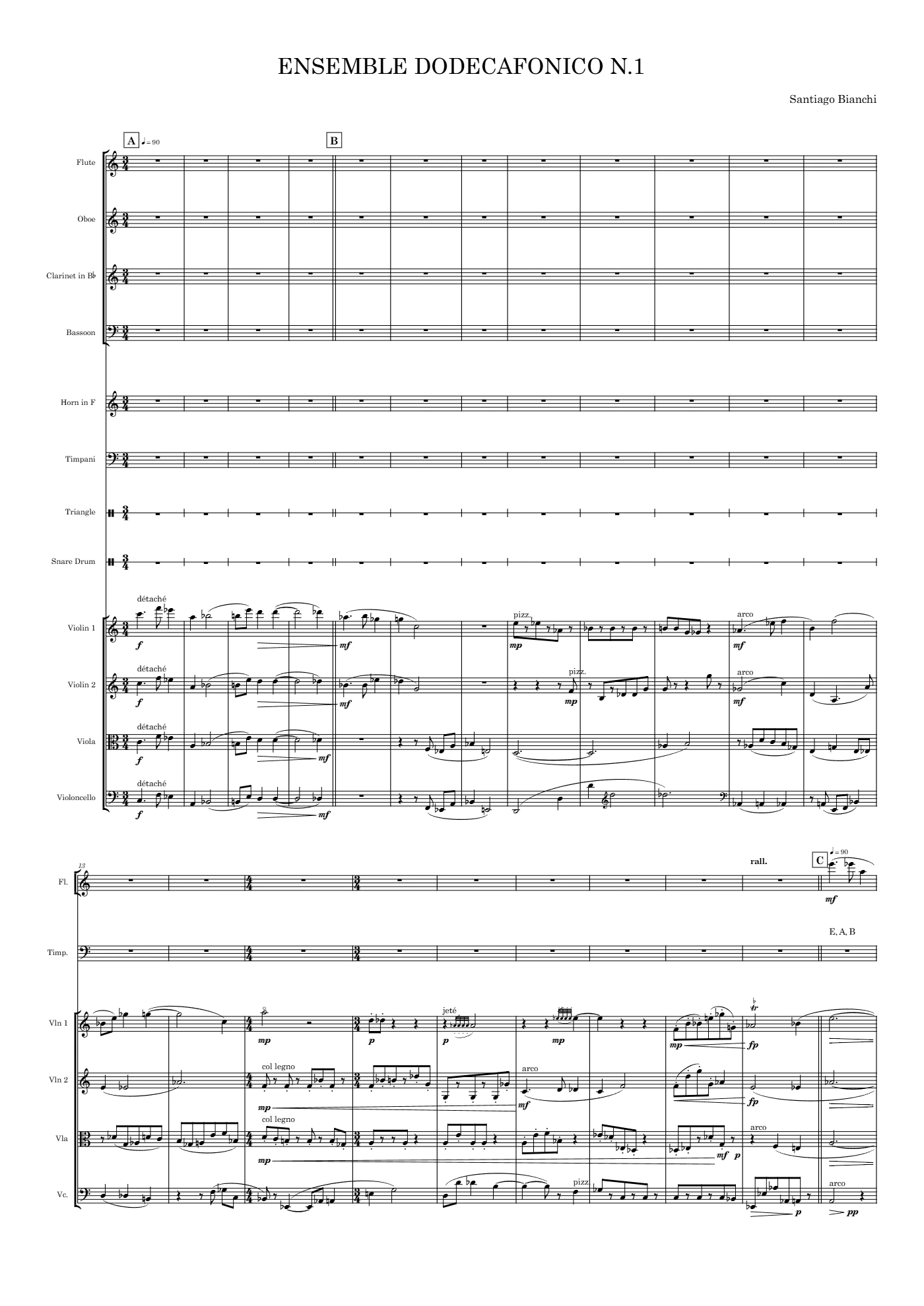Score of Twelve-Tone Ensemble no. 1 by Santiago Bianchi, page 1 of 5