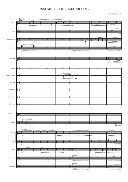 First page of the orchestral score of Twelve-Tone Ensemble no. 2 by Santiago Bianchi