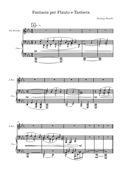 First page of the score of Fantasia for Flute and Keyboard no. 1, written by Santiago Bianchi