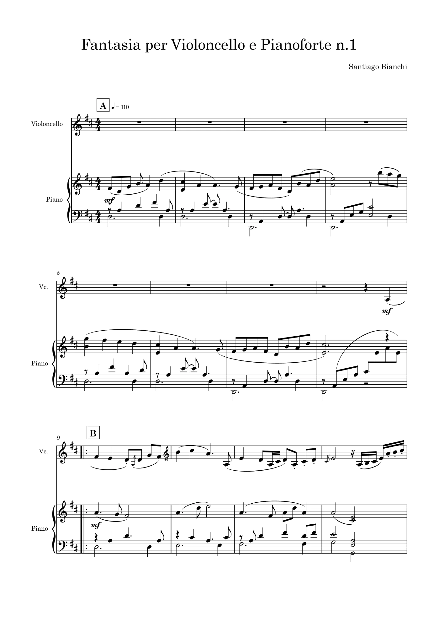 Score of Fantasia for Cello and Piano no. 1 by Santiago Bianchi, page 1 of 8