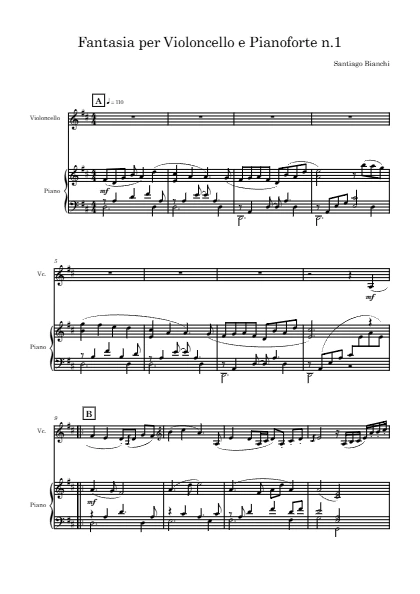 First page of the orchestral score of Fantasia for Cello and Piano no. 1 by Santiago Bianchi