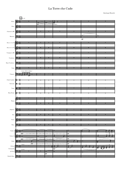 First page of the orchestral score of The Falling Tower by Santiago Bianchi