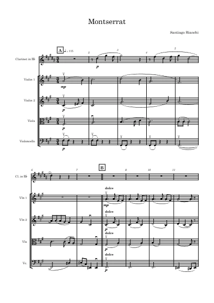 First page of the orchestral score of Montserrat by Santiago Bianchi