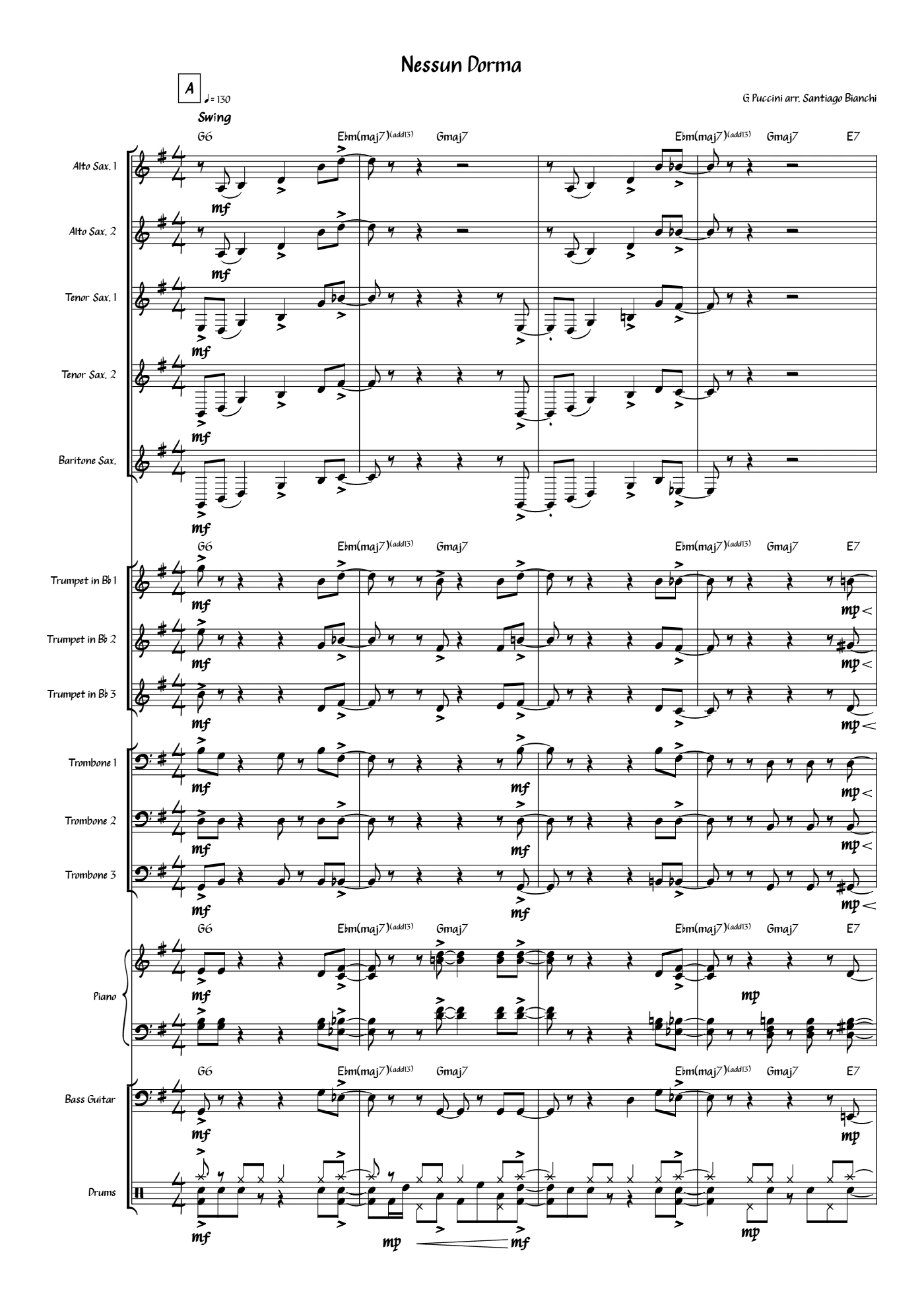 Score of Nessun Dorma by Santiago Bianchi, page 1 of 9