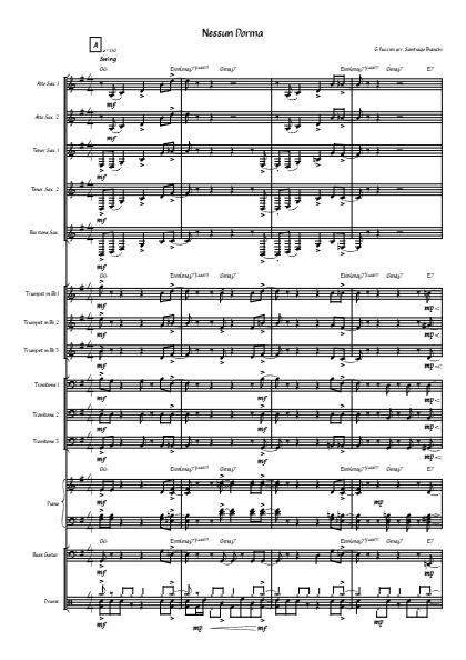 First page of the orchestral score of Nessun Dorma by Santiago Bianchi