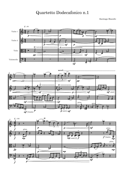 First page of the orchestral score of Twelve-Tone Quartet no. 1 by Santiago Bianchi