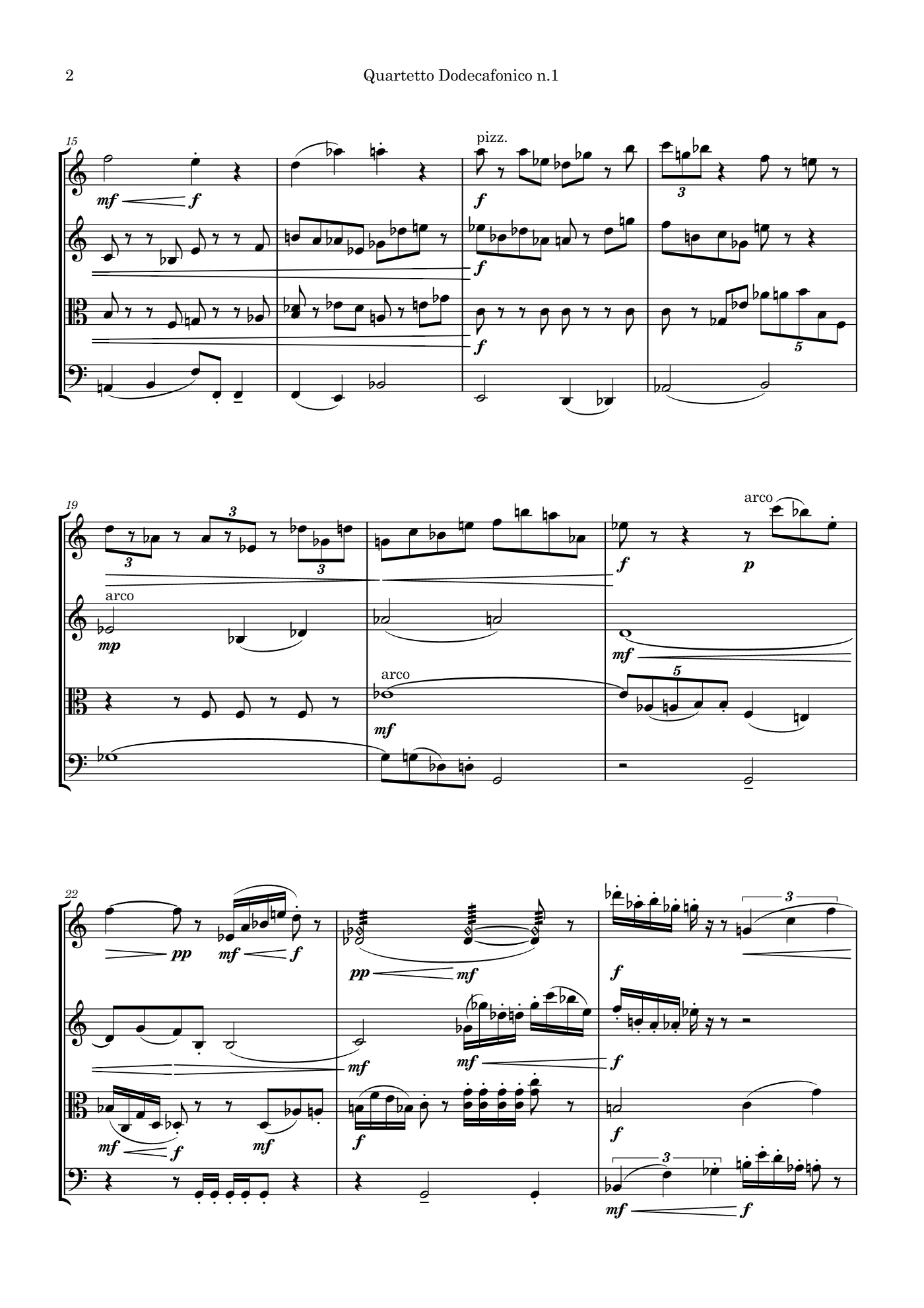 Score of Twelve-Tone Quartet no. 1 by Santiago Bianchi, page 2 of 5