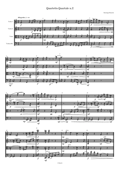 First page of the orchestral score of Quartal Quartet no. 2 by Santiago Bianchi