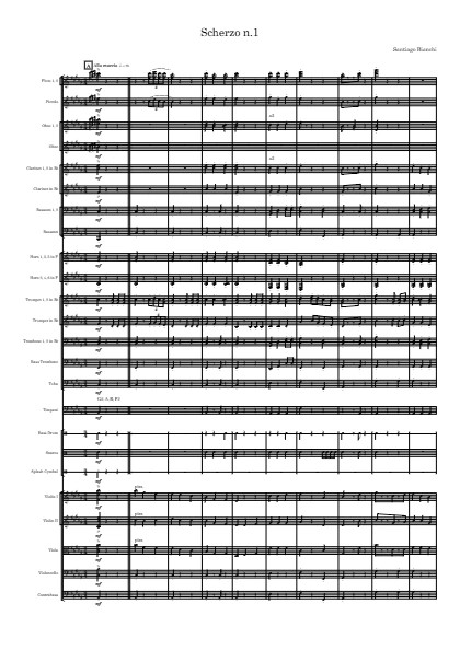 First page of the orchestral score of Scherzo n.1 by Santiago Bianchi
