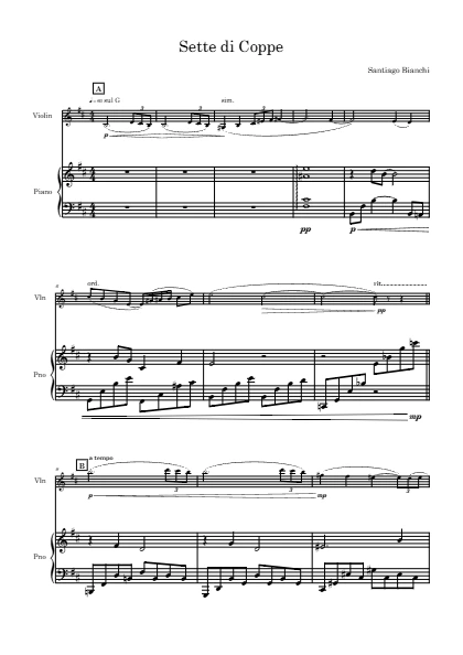 First page of the orchestral score of Seven of Cups by Santiago Bianchi