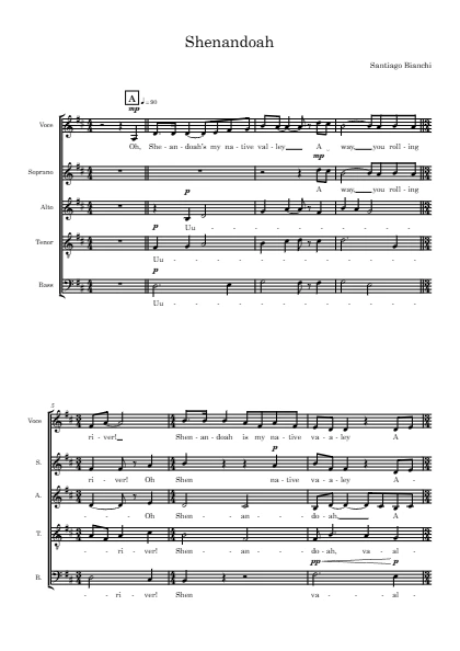 First page of the orchestral score of Shenandoah by Santiago Bianchi