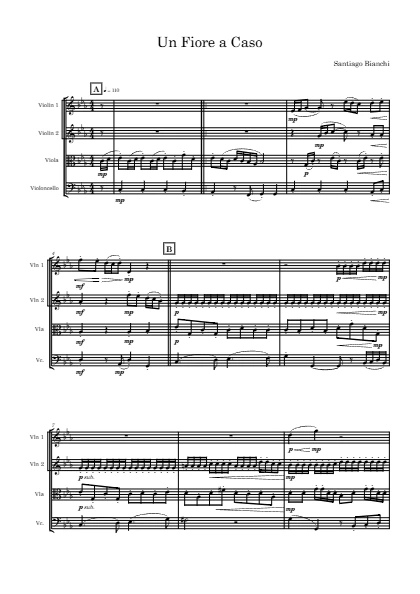 First page of the orchestral score of A Flower at Random by Santiago Bianchi