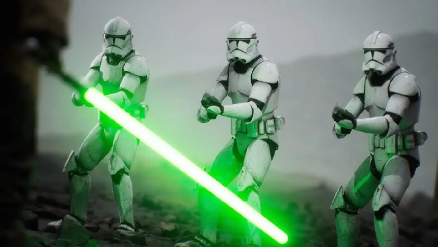 Three clone troopers advancing with a green lightsaber, the Order 66 scene from Star Wars rescored by Santiago Bianchi